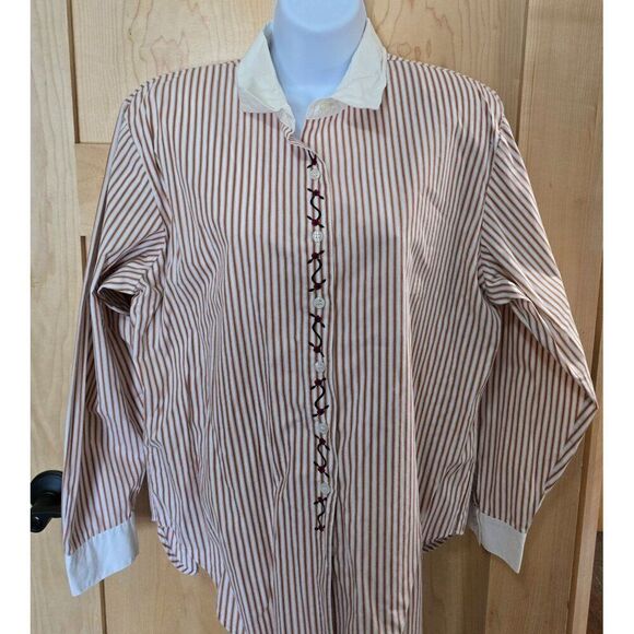 Brynn Connelly Tops - Vintage Red & White Striped Button-Down Shirt Embroidered Accents granny core